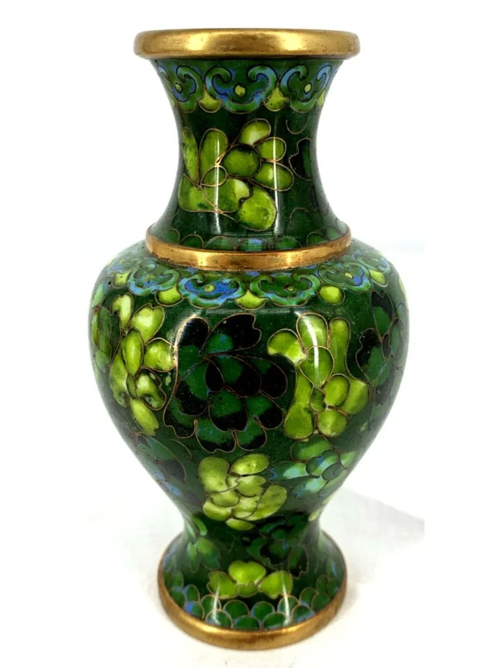 Cloisonne Vase Green Floral 5" Enamel over Brass Vintage - Picture 4 of 6
